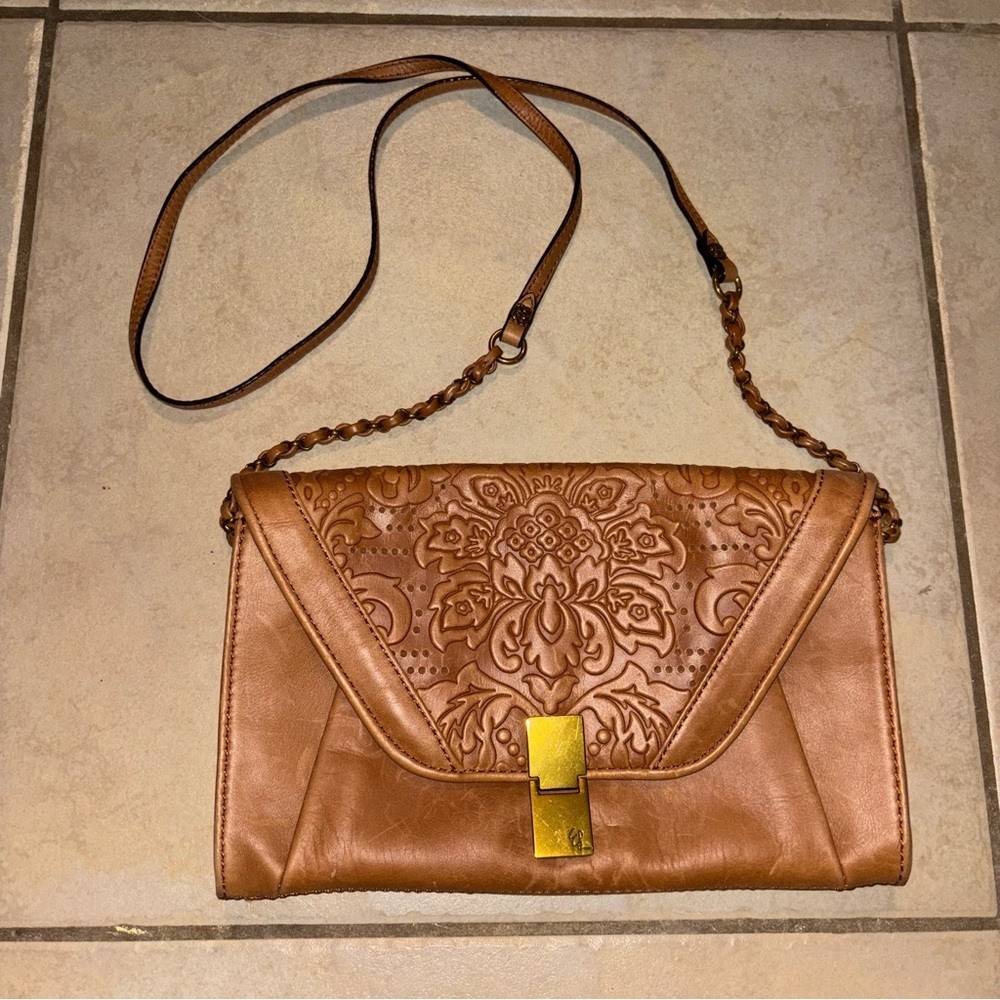 Elliott Lucca Tan Embossed Floral Leather Crossbody Bag